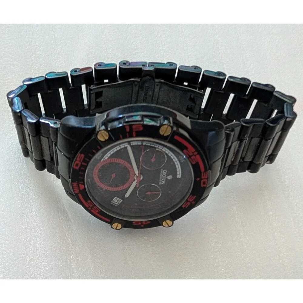 Croton Chronomaster Men's Black& Red Accent Chronograph Wristwatch Vintage